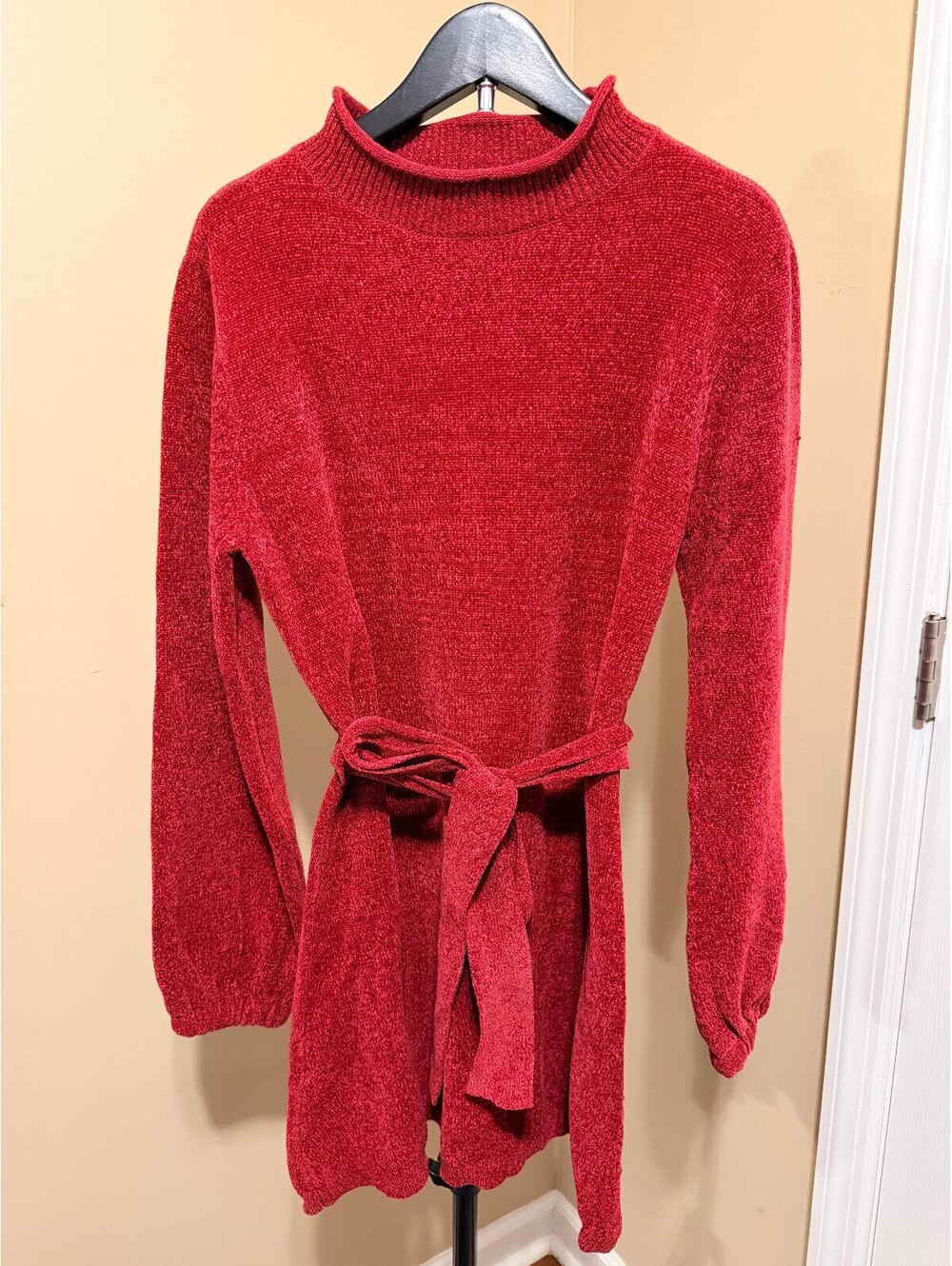 Cozy Red Chenille Mock Neck Belted Sweater Dress Size Medium